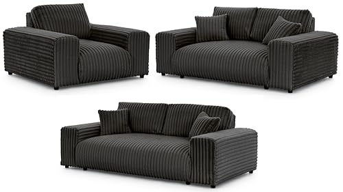 S-Style Möbel Set Sofa 3 Sitzer 2 Sitzer Sessel - 3 Stück - Schwarze Füße - Plüschcord - Freistehend - Mollis Dunkelgrau von S-Style Möbel