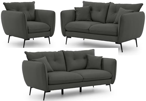 S-Style Möbel Set Sofa 3 Sitzer 2 Sitzer Sessel - 3 Stück - Schwarze Metallfüße - Samt Stoff - Freistehend - Nordloft Dunkelgrau von S-Style Möbel