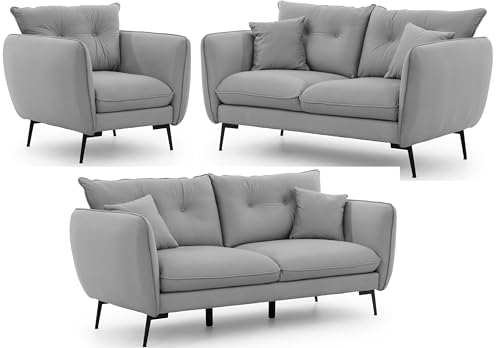 S-Style Möbel Set Sofa 3 Sitzer 2 Sitzer Sessel - 3 Stück - Schwarze Metallfüße - Samt Stoff - Freistehend - Nordloft Hellgrau S-Style Möbel Set Sofa 3 Sitzer 2 Sitzer Sessel - 3 Stück - Schwarze Metallfüße - Samt Stoff - Freistehend - Nordloft Hellgrau von S-Style Möbel