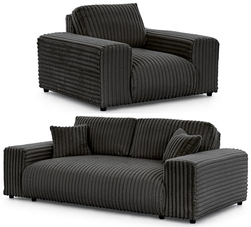 S-Style Möbel Set Sofa 3 Sitzer Sessel - 2 Stück - Schwarze Füße - Plüschcord - Freistehend - Mollis Dunkelgrau von S-Style Möbel