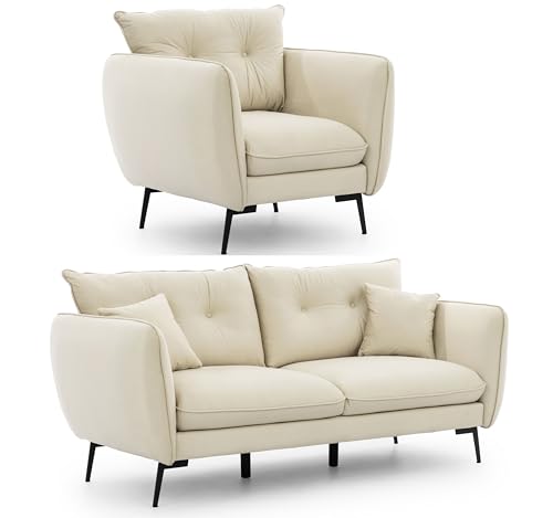 S-Style Möbel Set Sofa 3 Sitzer Sessel - 2 Stück - Schwarze Metallfüße - Samt Stoff - Freistehend - Nordloft Beige S-Style Möbel Set Sofa 3 Sitzer Sessel - 2 Stück - Schwarze Metallfüße - Samt Stoff - Freistehend - Nordloft Beige von S-Style Möbel