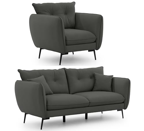 S-Style Möbel Set Sofa 3 Sitzer Sessel - 2 Stück - Schwarze Metallfüße - Samt Stoff - Freistehend - Nordloft Dunkelgrau S-Style Möbel Set Sofa 3 Sitzer Sessel - 2 Stück - Schwarze Metallfüße - Samt Stoff - Freistehend - Nordloft Dunkelgrau von S-Style Möbel