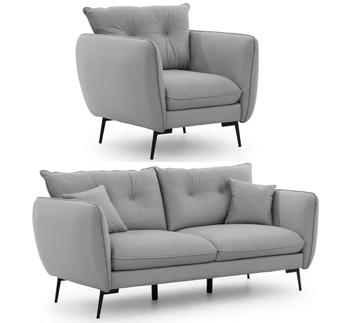 S-Style Möbel Set Sofa 3 Sitzer Sessel - 2 Stück - Schwarze Metallfüße - Samt Stoff - Freistehend - Nordloft Hellgrau S-Style Möbel Set Sofa 3 Sitzer Sessel - 2 Stück - Schwarze Metallfüße - Samt Stoff - Freistehend - Nordloft Hellgrau von S-Style Möbel