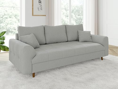 S-Style Möbel Sofa Couch 3 Sitzer Mit Kissen 210 x 93 x 81 cm Freistehend Kratzfest Massivholzfüße Braun Cord Stoff Milo Hellgrau von S-Style Möbel