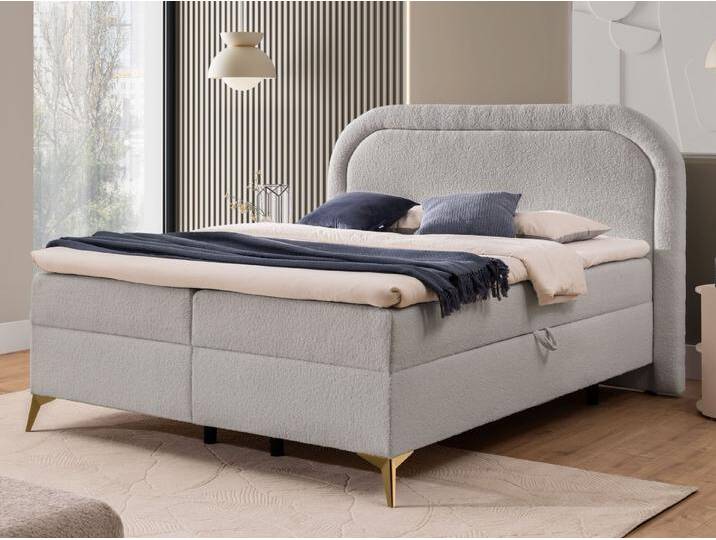 S-Style Möbel Sonna - Boxspringbett mit Topper und Bettkästen aus Bouclé-Stoff - abgerundetem Kopfteil und Metallfüße - Hellgrau S-Style Möbel Sonna - Boxspringbett mit Topper und Bettkästen aus Bouclé-Stoff - abgerundetem Kopfteil und Metallfüße - Hellgrau von S-Style Möbel