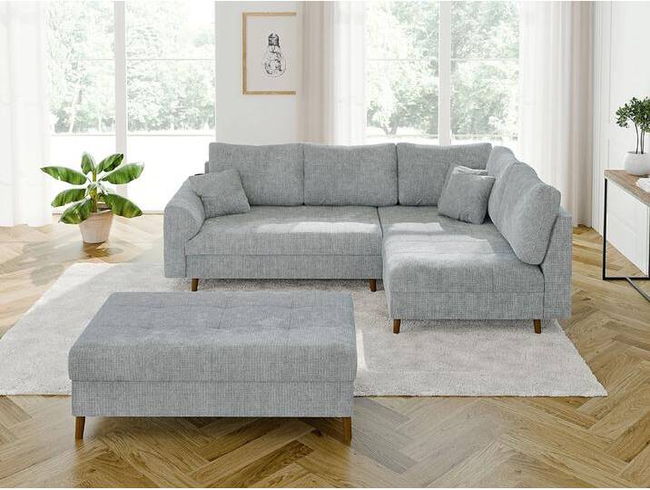 S-Style Möbel Trygve - Ecksofa mit Schlaffunktion und Hocker mit Braun Holzfüßen im skandinavischen Stil aus Chenille-Stoff - Hellgrau von S-Style Möbel
