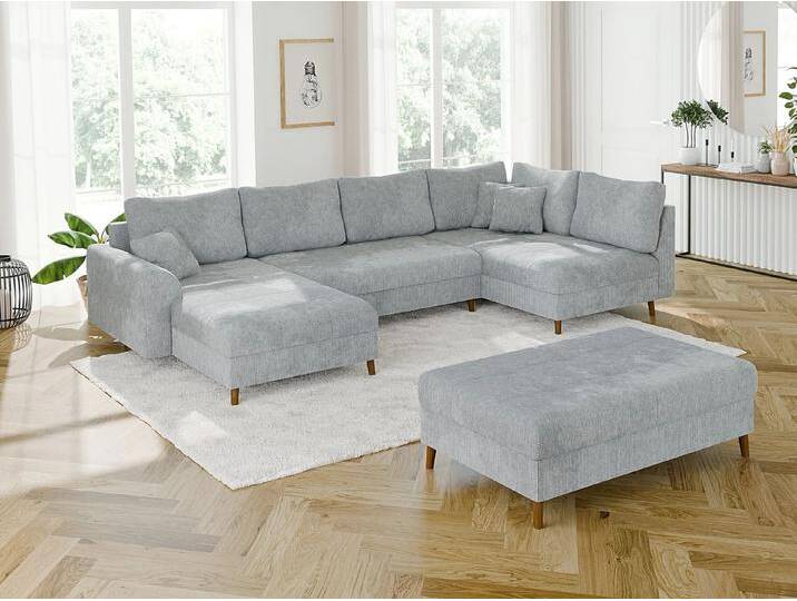 S-Style Möbel Trygve - Wohnlandschaft mit Schlaffunktion und Hocker mit Braun Holzfüßen im skandinavischen Stil aus Chenille-Stoff - Hellgrau S-Style Möbel Trygve - Wohnlandschaft mit Schlaffunktion und Hocker mit Braun Holzfüßen im skandinavischen Stil aus Chenille-Stoff - Hellgrau von S-Style Möbel