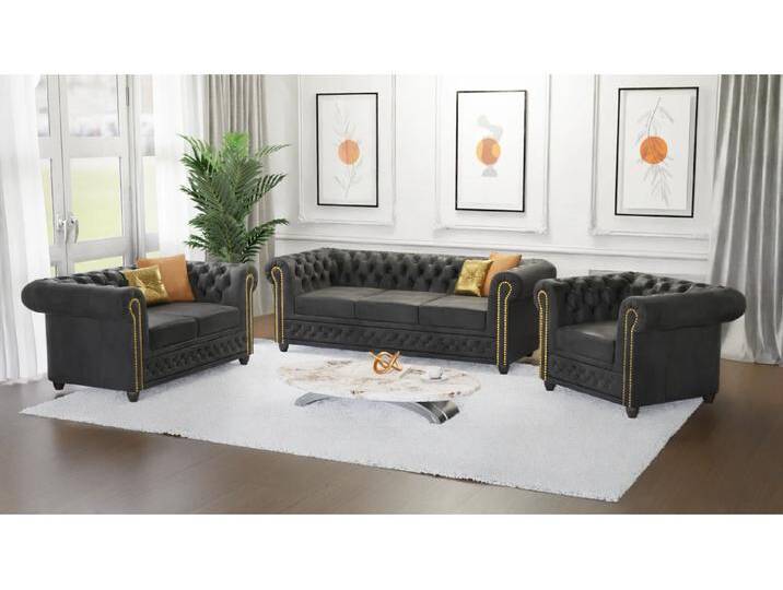 S-Style Möbel Wilhelm - Chesterfield Polstergarnitur 3+2+1 aus Vintage Optik Microfaser mit Holzfüßen - Anthrazit S-Style Möbel Wilhelm - Chesterfield Polstergarnitur 3+2+1 aus Vintage Optik Microfaser mit Holzfüßen - Anthrazit von S-Style Möbel