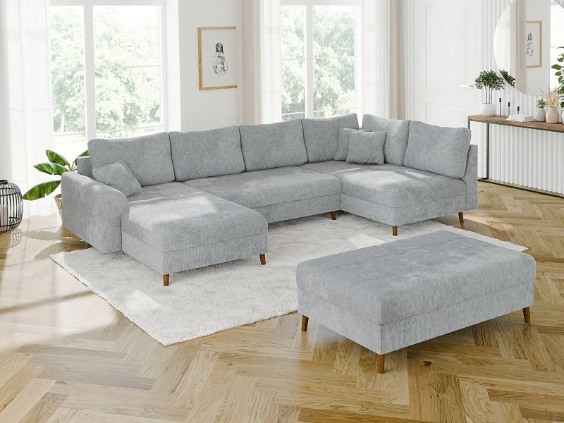 S-Style Möbel Wohnlandschaft Kristian mit Schlaffunktion, Hocker und Holzfüßen aus Chenille-Stoff, Ottomane links oder rechts bestellbar. Schlaffunktion in Kombination mit Hocker möglich., mit Wellenfederung von S-Style Möbel