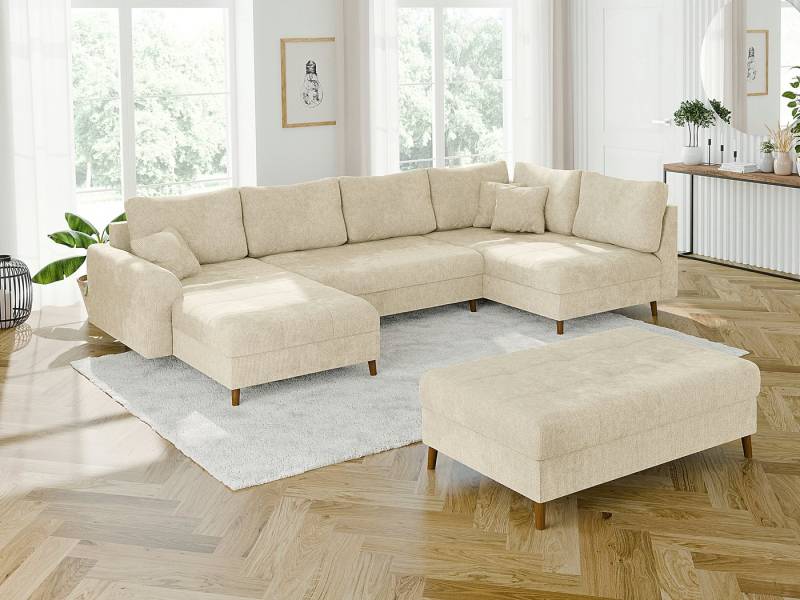 S-Style Möbel Wohnlandschaft Kristian mit Schlaffunktion, Hocker und Holzfüßen aus Chenille-Stoff, Ottomane links oder rechts bestellbar. Schlaffunktion in Kombination mit Hocker möglich., mit Wellenfederung von S-Style Möbel
