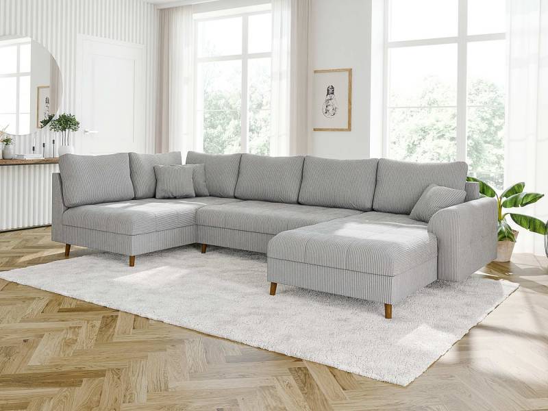 S-Style Möbel Wohnlandschaft Zara mit Braun Holzfüßen im skandinavischen Stil aus Cord-Stoff, Ottomane links oder rechts bestellbar, mit Wellenfederung von S-Style Möbel
