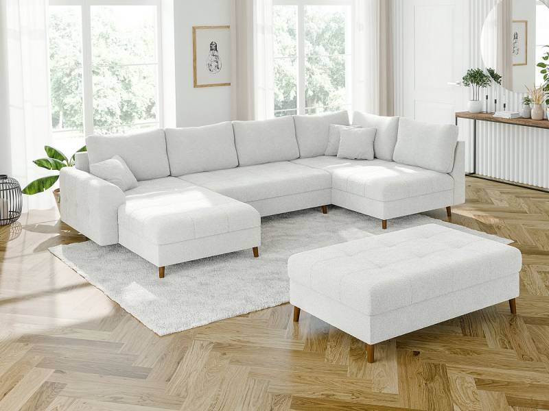 S-Style Möbel Wohnlandschaft Leif mit Schlaffunktion und Hocker, aus Boucle-Stoff, mit Holzfüßen, Ottomane links oder rechts bestellbar. Schlaffunktion in Kombination mit Hocker möglich., mit Wellenfederung von S-Style Möbel