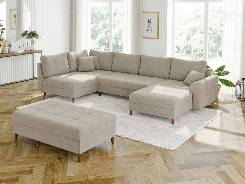 S-Style Möbel Wohnlandschaft Leif mit Schlaffunktion und Hocker, aus Boucle-Stoff, mit Holzfüßen, Ottomane links oder rechts bestellbar. Schlaffunktion in Kombination mit Hocker möglich., mit Wellenfederung von S-Style Möbel