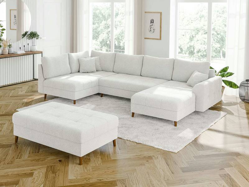 S-Style Möbel Wohnlandschaft Leif mit Schlaffunktion und Hocker, aus Boucle-Stoff, mit Holzfüßen, Ottomane links oder rechts bestellbar. Schlaffunktion in Kombination mit Hocker möglich., mit Wellenfederung von S-Style Möbel