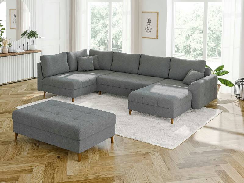 S-Style Möbel Wohnlandschaft Leif mit Schlaffunktion und Hocker, aus Boucle-Stoff, mit Holzfüßen, Ottomane links oder rechts bestellbar. Schlaffunktion in Kombination mit Hocker möglich., mit Wellenfederung von S-Style Möbel