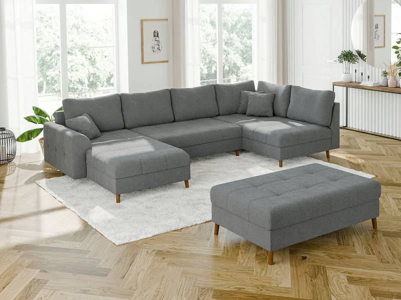 S-Style Möbel Wohnlandschaft Leif mit Schlaffunktion und Hocker, aus Boucle-Stoff, mit Holzfüßen, Ottomane links oder rechts bestellbar. Schlaffunktion in Kombination mit Hocker möglich., mit Wellenfederung von S-Style Möbel
