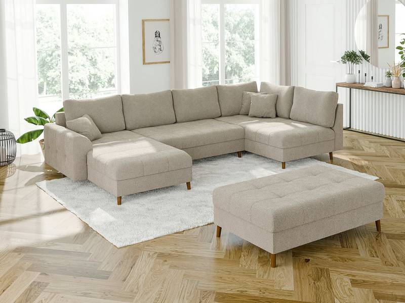 S-Style Möbel Wohnlandschaft Leif mit Schlaffunktion und Hocker, aus Boucle-Stoff, mit Holzfüßen, Ottomane links oder rechts bestellbar. Schlaffunktion in Kombination mit Hocker möglich., mit Wellenfederung von S-Style Möbel