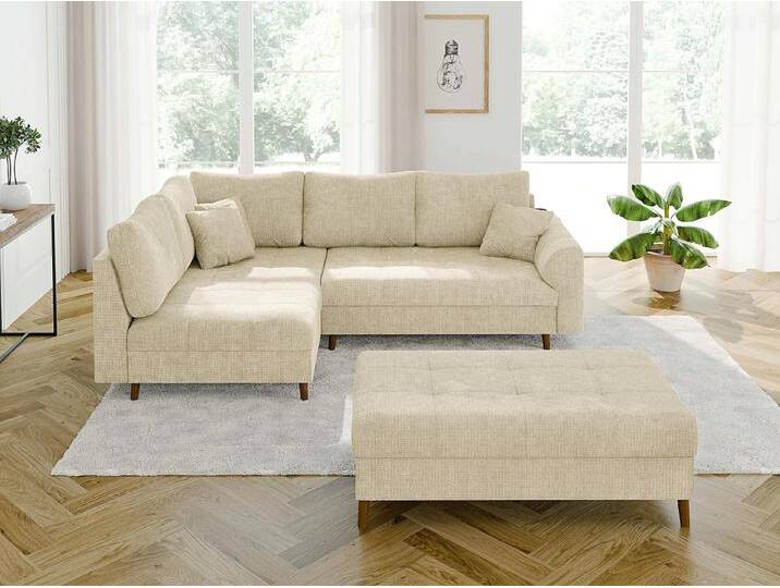 Trygve - Ecksofa mit Schlaffunktion und Hocker mit Braun Holzfüßen im skandinavischen Stil aus Chenille-Stoff von S-Style Möbel