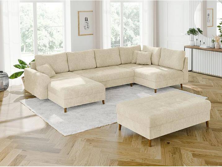 Trygve - Wohnlandschaft mit Schlaffunktion und Hocker mit Braun Holzfüßen im skandinavischen Stil aus Chenille-Stoff von S-Style Möbel