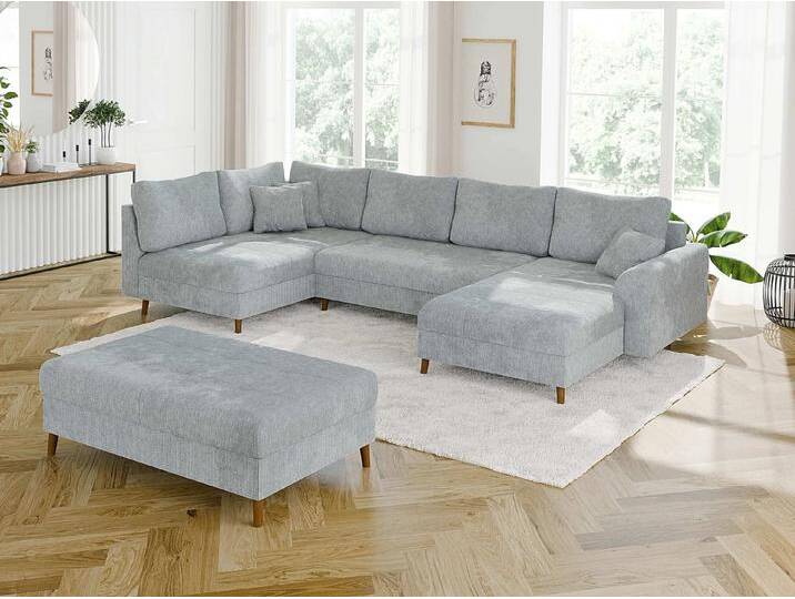 S-Style Möbel Trygve - Wohnlandschaft mit Schlaffunktion und Hocker mit Braun Holzfüßen im skandinavischen Stil aus Chenille-Stoff - Hellgrau von S-Style Möbel