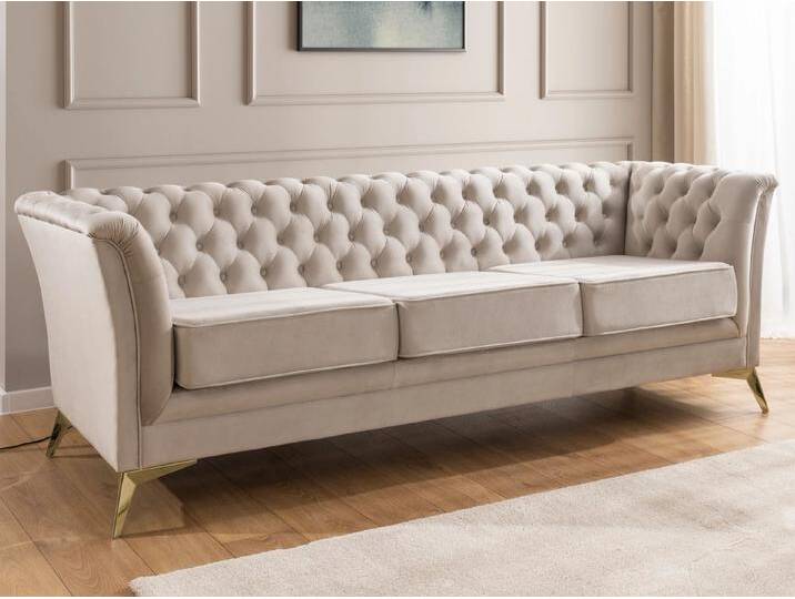 S-Style Möbel Whitby - Chesterfield Luxus 3-Sitzer Sofa aus Samt mit goldenen, silbernen oder schwarzen Füßen - Beige von S-Style Möbel