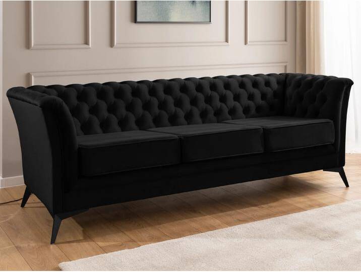 S-Style Möbel Whitby - Chesterfield Luxus 3-Sitzer Sofa aus Samt mit goldenen, silbernen oder schwarzen Füßen - Schwarz von S-Style Möbel