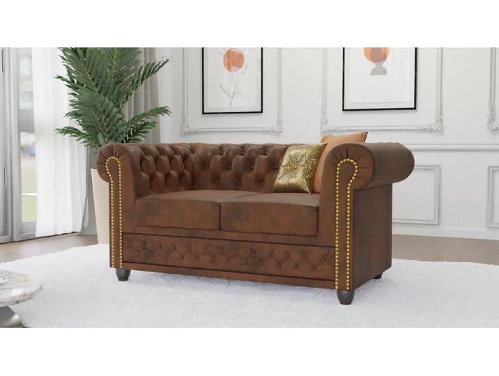 S-Style Möbel Wilhelm - Chesterfield 2 sitzer Sofa mit Schlaffunktion aus Vintage Optik Microfaser mit Holzfüßen von S-Style Möbel