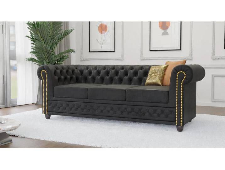 Wilhelm - Chesterfield 3 sitzer Sofa mit Schlaffunktion aus Vintage Optik Microfaser mit Holzfüßen von S-Style Möbel