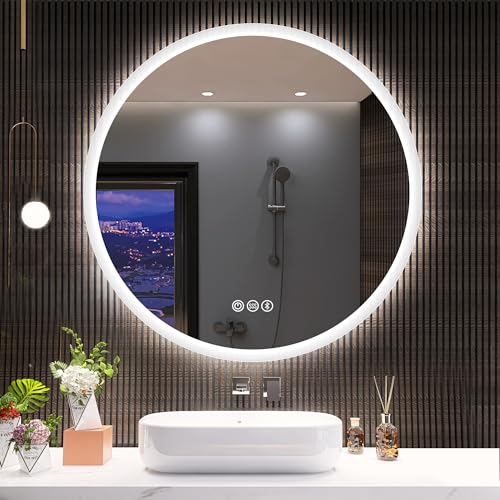 S'bagno 600mm runder beleuchteter Badezimmerspiegel mit LED-Beleuchtung, Badspiegel mit Beleuchtungmit mit Berührungssensor/Dimmung/Farbwechsel und Bluetooth-Lautsprecher von S'bagno