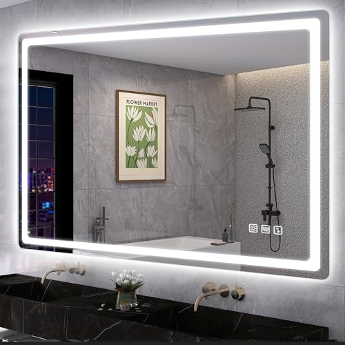 S'bagno Bluetooth-Badspiegel-mit-Beleuchtung-100x70cm, LED-Badezimmerspiegel mit Entfoggen, 3000K-6500K, Dimmbar, Speicher, HD-gehärtetes Glas, IP44-Badezimmer-Spiegel-mit-LED, Horizontal/Vertikal von S'bagno