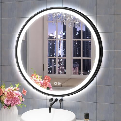 S'bagno 600mm Rund-Badspiegel-mit-Beleuchtung mit Schwarzem Aluminiumrahmen, LED Badspiegel mit Entfogging/Dimmfunktion/ 3 Farbtemperaturen, IP44 Badezimmer Spiegel mit Speicherfunktion von S'bagno