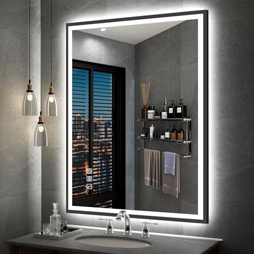 S'bagno 60x80cm Rechteckiger-Badspiegel-mit-Beleuchtung, Badezimmerspiegel mit Beleuchtung mit Schwarzem Aluminiumrahmen, Bluetooth Led Badspiegel mit Beschlagfrei/ 3 Lichtfarben/Dimmbar/Memory von S'bagno
