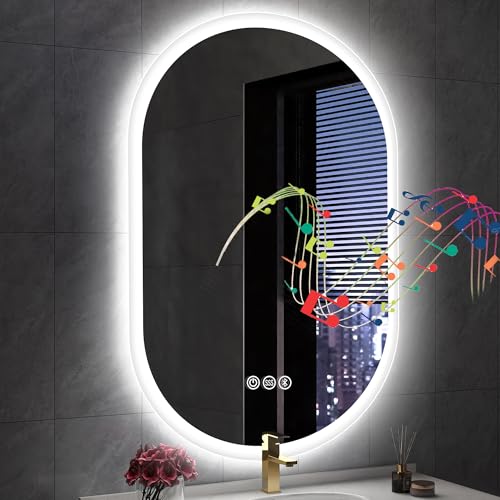 S' bagno 60x90cm Badspiegel-mit-Beleuchtung in Form Einer Landebahn, 3000K/4000K/6500K Spiegel-mit-Beleuchtung mit Entfoggen, Bluetooth, IP44 LED-Badspiegel mit Speicherfunktion, Horizontal/Vertikal von S'bagno