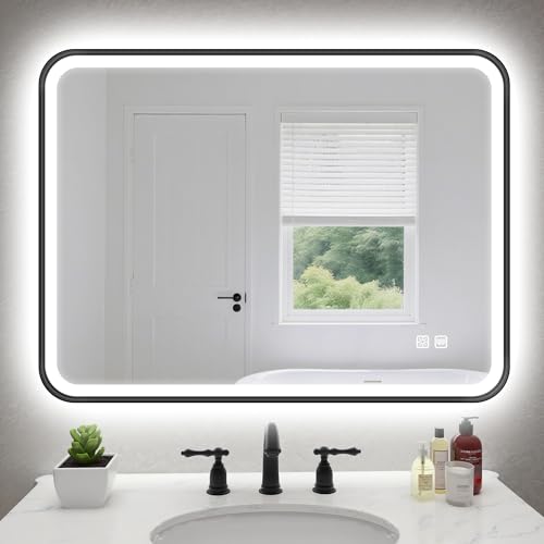 S'bagno 80x60cm Rechteckiger Badspiegel mit Beleuchtung mit Schwarzem Aluminiumrahmen, LED Badspiegel mit Entfogging/Dimmfunktion/ 3 Farbtemperaturen, IP44 Badezimmer Spiegel mit Speicherfunktion von S'bagno