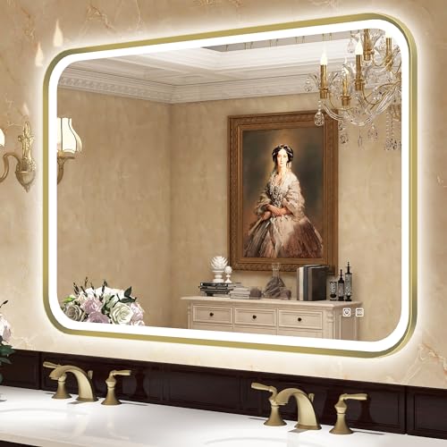 S'bagno Badspiegel mit Beleuchtung 100x70cm mit Entfogging/Dimmfunktion/ 3 Farbtemperaturen, Rechteckiger LED Badspiegel mit Goldener Aluminiumrahmen, IP44 Badezimmer Spiegel mit Speicherfunktion von S'bagno