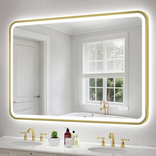 S'bagno Badspiegel mit Beleuchtung 100x70 cm, Badezimmerspiegel mit Beleuchtung mit Aluminiumrahmen, Nebelfrei, 3000-6500K, Memory-Funktion, IP44 Bad Spiegel mit Licht, Horizontal/Vertikal, Gold S'bagno Badspiegel mit Beleuchtung 100x70 cm, Badezimmerspiegel mit Beleuchtung mit Aluminiumrahmen, Nebelfrei, 3000-6500K, Memory-Funktion, IP44 Bad Spiegel mit Licht, Horizontal/Vertikal, Gold von S'bagno