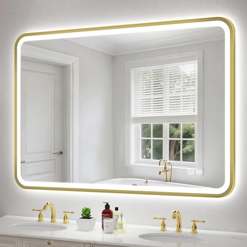 S'bagno Badspiegel mit Beleuchtung 100x70cm mit Entfogging/Dimmfunktion/ 3 Farbtemperaturen, Rechteckiger LED Badspiegel mit Goldener Aluminiumrahmen, IP44 Badezimmer Spiegel mit Speicherfunktion von S'bagno