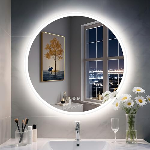 S'bagno Runder-Badspiegel-mit-Beleuchtung-60cm, Badezimmer-Spiegel-mit-Beleuchtung und Entfoggen, 3000K/4000K/6500K, Dimmbar, HD-gehärtetes Glas, Speicherfunktion, IP44-LED-Badspiegel von S'bagno