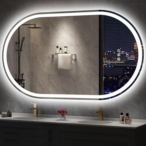 S'bagno Badspiegel-mit-Beleuchtung 600x1000 mm, Oval-Badezimmerspiegel-mit-Beleuchtung und Bluetooth, Entfoggen, 3000K/4000K/6500K, IP44 LED Badspiegel mit Speicherfunktion, Horizontal/Vertikal von S'bagno