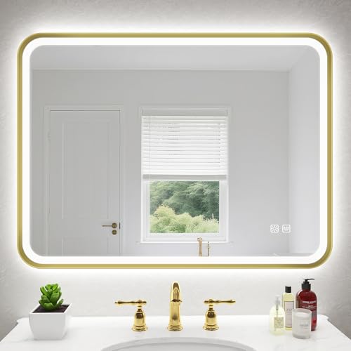 S'bagno Badspiegel mit Beleuchtung 80x60cm mit Entfogging/Dimmfunktion/ 3 Farbtemperaturen, Rechteckiger LED Badspiegel mit Goldener Aluminiumrahmen, IP44 Badezimmer Spiegel mit Speicherfunktion von S'bagno