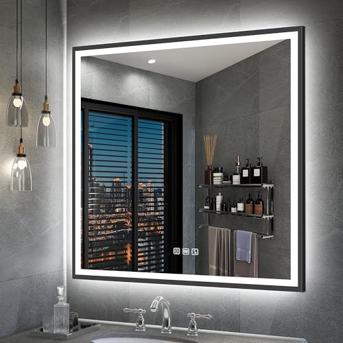 S'bagno Bluetooth-Badezimmer-Spiegel-mit-Beleuchtung 800x800mm, Badspiegel mit Beleuchtung mit Schwarzem Aluminiumrahmen, IP44 Led Badspiegel mit Beschlagfrei/ 3 Lichtfarben/Dimming/Memory S'bagno Bluetooth-Badezimmer-Spiegel-mit-Beleuchtung 800x800mm, Badspiegel mit Beleuchtung mit Schwarzem Aluminiumrahmen, IP44 Led Badspiegel mit Beschlagfrei/ 3 Lichtfarben/Dimming/Memory von S'bagno