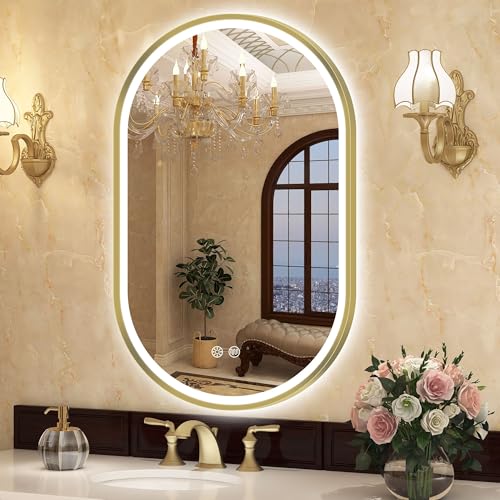 S'bagno Oval-Badspiegel-mit-Beleuchtung 60x90cm mit Goldener Aluminiumrahmen, badezimmerspiegel mit Beleuchtung mit Entfogging/ 3 Farbtemperaturen/Dimmbar, Badezimmer Spiegel mit Speicherfunktion von S'bagno