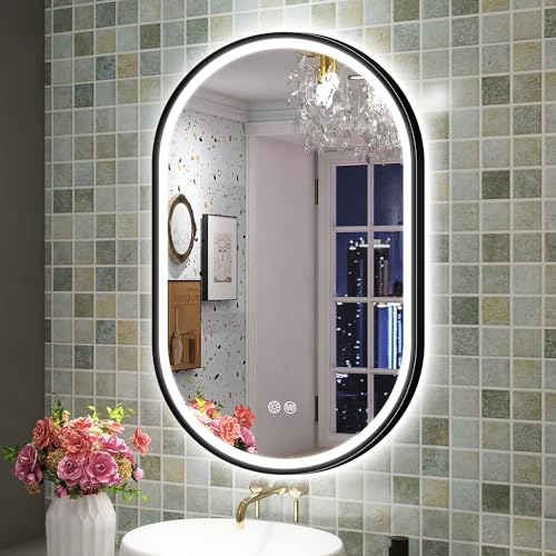 S'bagno Badspiegel mit Beleuchtung Oval 60x90cm, LED Badezimmerspiegel mit Aluminiumrahmen, Nebelfrei, 3000-6500K, Memory-Funktion, IP44 Badezimmer Spiegel mit Beleuchtung Horizontal/Vertikal, Schwarz von S'bagno