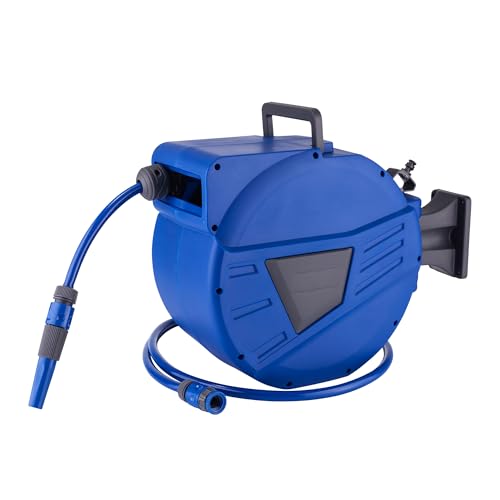 S&M 590139 - Wand-Schlauchaufroller 20 Meter Schlauch + 2 Meter | Farbe Blau | Inklusive Halterung mit 180° Drehung | Algenschutz | mit automatischer Kehrschaufel und Armaturen von S&M