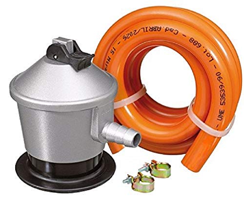 S&M 323300 Set Butan/Propan-Gasregler mit Sicherheitsventil + Gummischlauch 1,5 m + 2 Schellen, Grau/Orange, Estándar von S&M