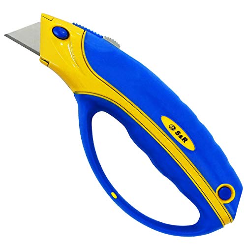 S&R Schnellwechsel Profi Teppichmesser/Cuttermesser 170mm, gummierter Ergo-Griff mit Handschutz, SK5 Klinge 3-stufig, Wechsel per Knopfdruck, mit 2 Ersatz Klingen S&R Schnellwechsel Profi Teppichmesser/Cuttermesser 170mm, gummierter Ergo-Griff mit Handschutz, SK5 Klinge 3-stufig, Wechsel per Knopfdruck, mit 2 Ersatz Klingen von S&R