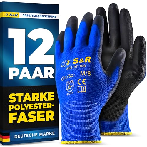S&R Arbeitshandschuhe aus Polyesterfaser – Abriebfeste Schutzhandschuhe mit Polyurethanbeschichtung für Fein-Montage, Lager, Bau-Handwerk und Heimwerker von S&R