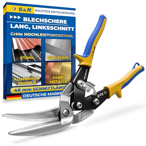 S&R Blechschere Linksschnitt 280mm – Durchlaufblechschere aus Hochleistungsstahl mit CrMo-Stahlklingen, induktionsgehärtet 60–62 HRC, 48mm Schnittleistung – ergonomisch, Anti-Rutsch-Griffe, Sicherheit von S&R