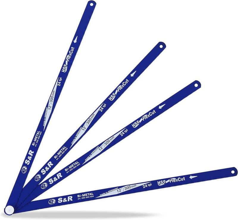S&R Bügelsäge HSS Bi-Metall Sägeblätter Set/MADE IN GERMANY/für Bügelsäge (Set, 4x HSS-Bi-Metall Ersatz-Sägeblatt 12" / 300 mm, 24 tpi), Flexibel und robust, einseitig gezahnt mit 24 tpi (Zähne pro Zoll) von S&R
