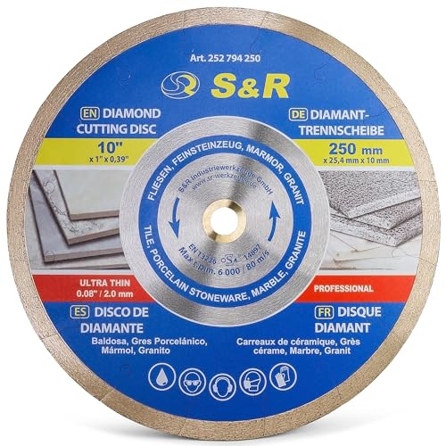 S&R Diamanttrennscheibe 250 x 25,4 x 7 mm (1,6 mm extra dünn), Trennscheibe für sauberes Trennen von Fliesen, Porzellan, Keramik, Feinsteinzeug, Granit, Marmor, für Tischsäge, Fliesenschneidmaschine von S&R